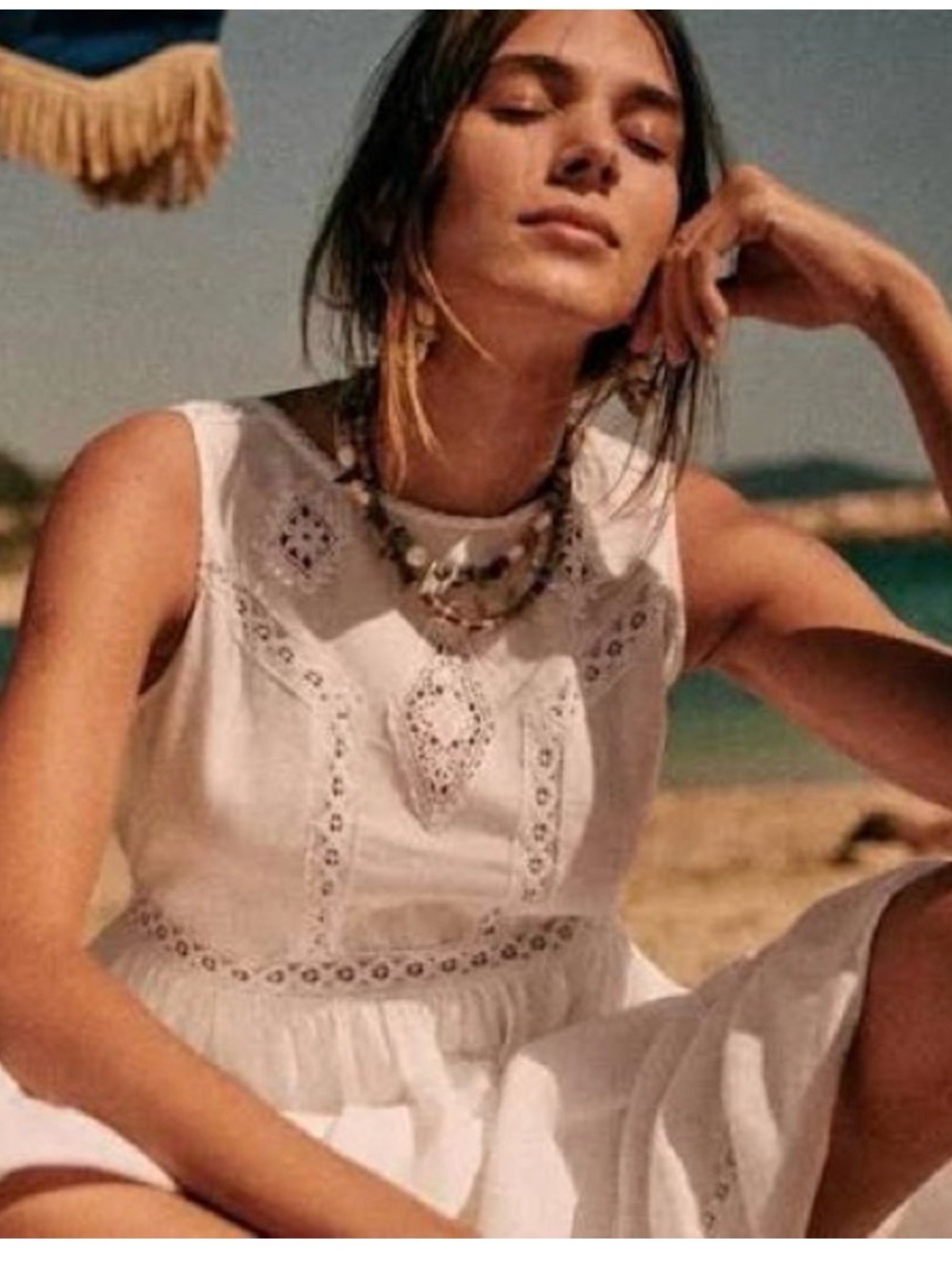 Sezane Zarri embroidered white/ecru lace midi dress.  Cotton/linen. Size 38 - Picture 3 of 15
